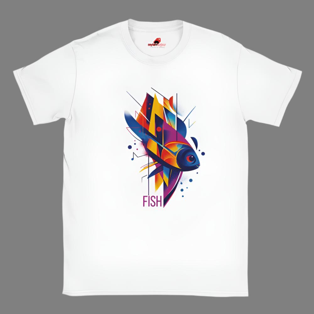 A white t-shirt with a vibrant geometric design featuring multicolored fish and aquatic patterns.