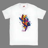 A white t-shirt with a vibrant geometric design featuring multicolored fish and aquatic patterns.