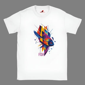 A white t-shirt with a vibrant geometric design featuring multicolored fish and aquatic patterns.