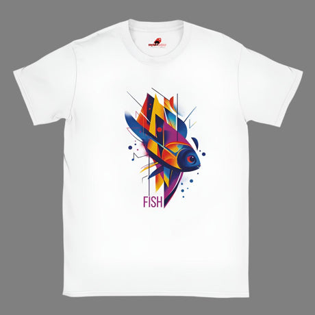 A white t-shirt with a vibrant geometric design featuring multicolored fish and aquatic patterns.