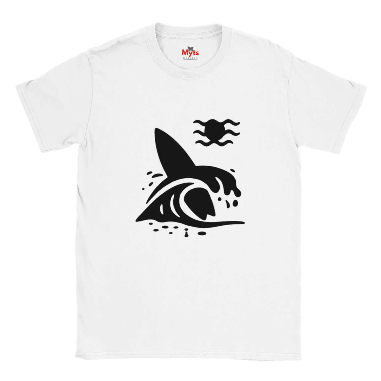 White t-shirt with black graphic design of a surfboard and wave on a white background
