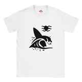White t-shirt with black graphic design of a surfboard and wave on a white background