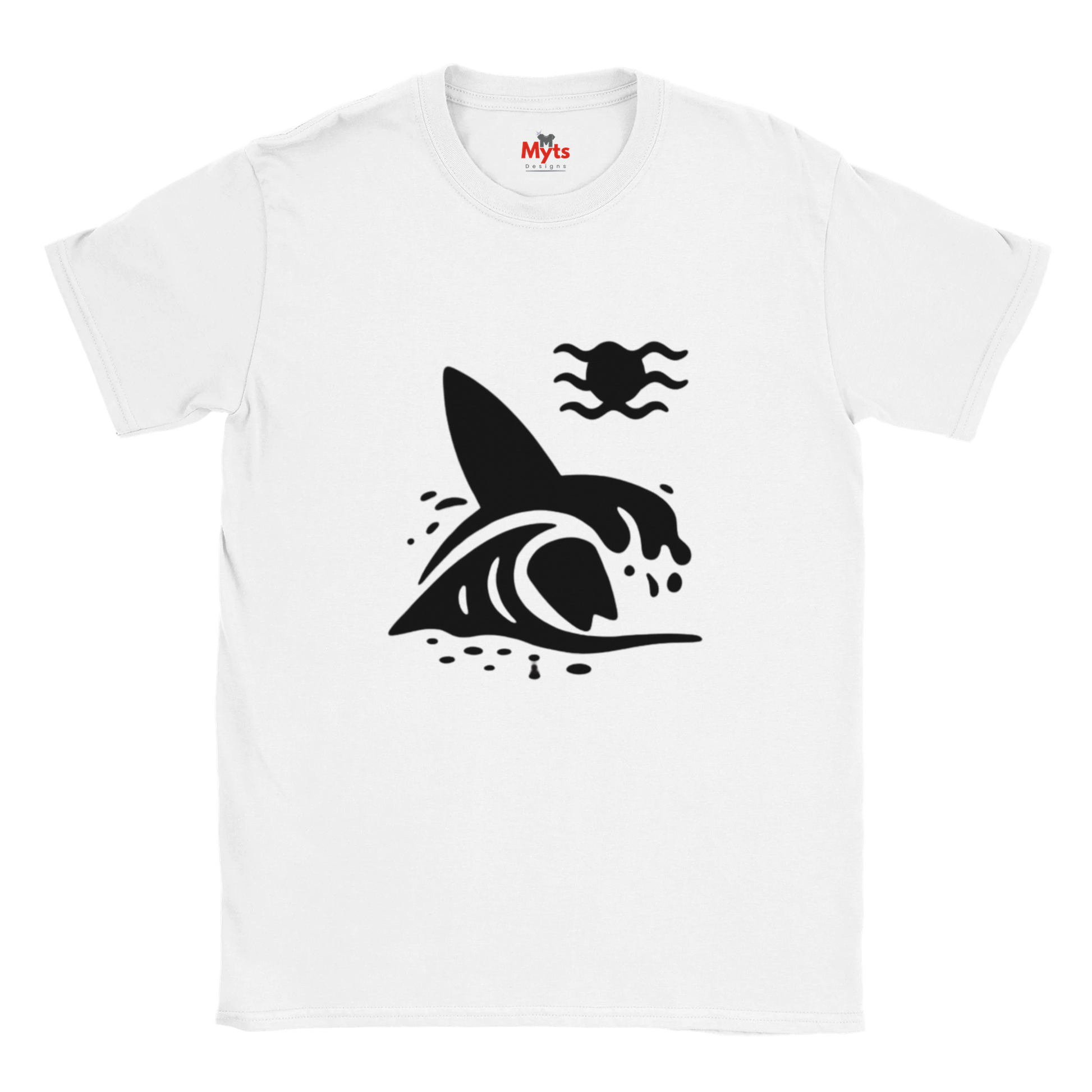 White t-shirt with black graphic design of a surfboard and wave on a white background
