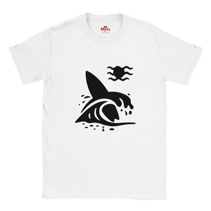 White t-shirt with black graphic design of a surfboard and wave on a white background