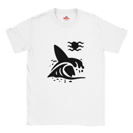 White t-shirt with black graphic design of a surfboard and wave on a white background