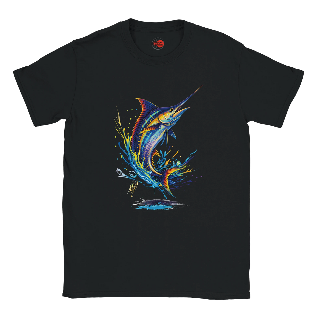 Black t-shirt with a colorful marlin graphic on a white background