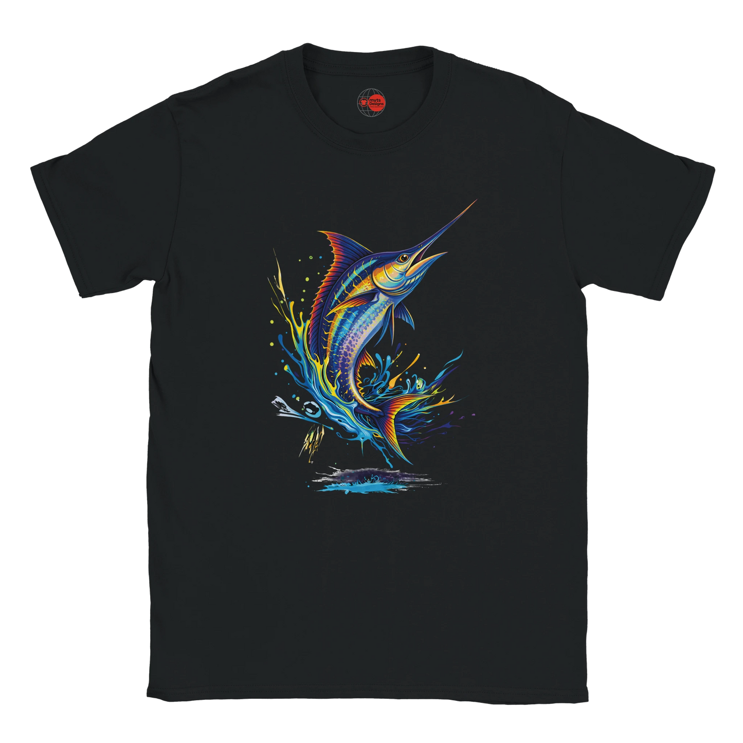 Black t-shirt with a colorful marlin graphic on a white background