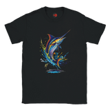 Black t-shirt with a colorful marlin graphic on a white background