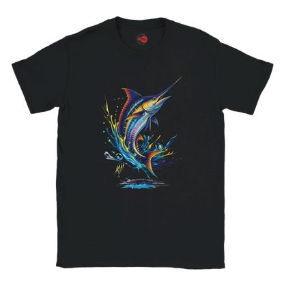 Black t-shirt with a colorful marlin graphic on a white background