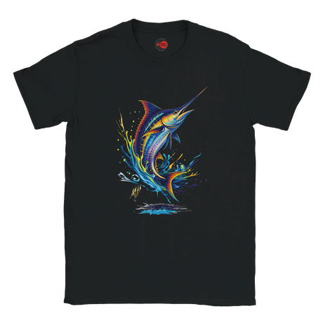 Black t-shirt with a colorful marlin graphic on a white background