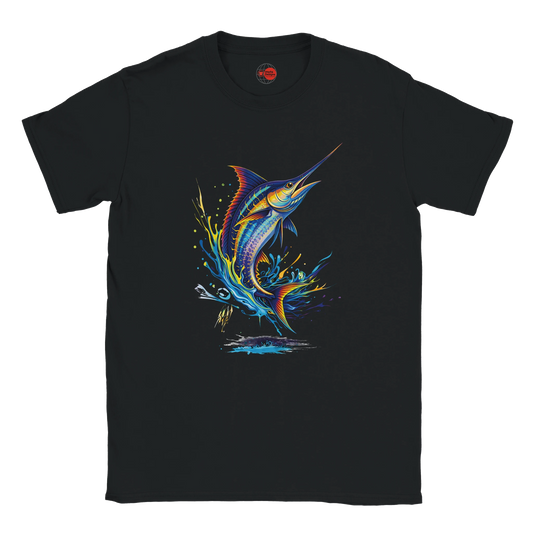 Black t-shirt with a colorful marlin graphic on a white background