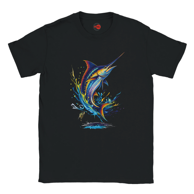 Black t-shirt with a colorful marlin graphic on a white background