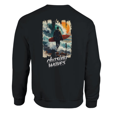 Black sweatshirt with 'Chasing Waves' graphic on the back