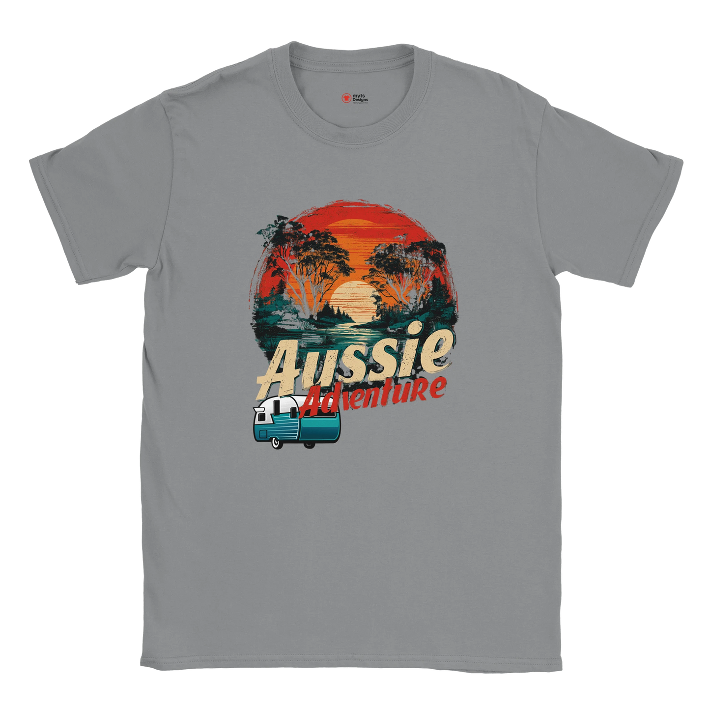 Gray t-shirt with 'Aussie Adventure' graphic design on a white background
