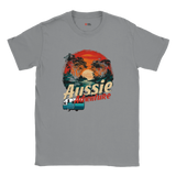 Gray t-shirt with 'Aussie Adventure' graphic design on a white background