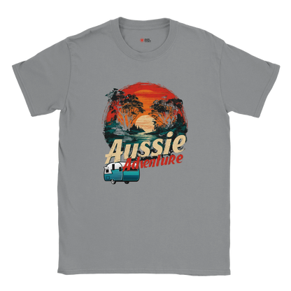 Gray t-shirt with 'Aussie Adventure' graphic design on a white background