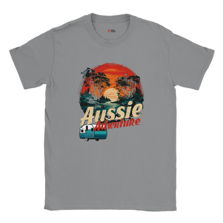 Gray t-shirt with 'Aussie Adventure' graphic design on a white background