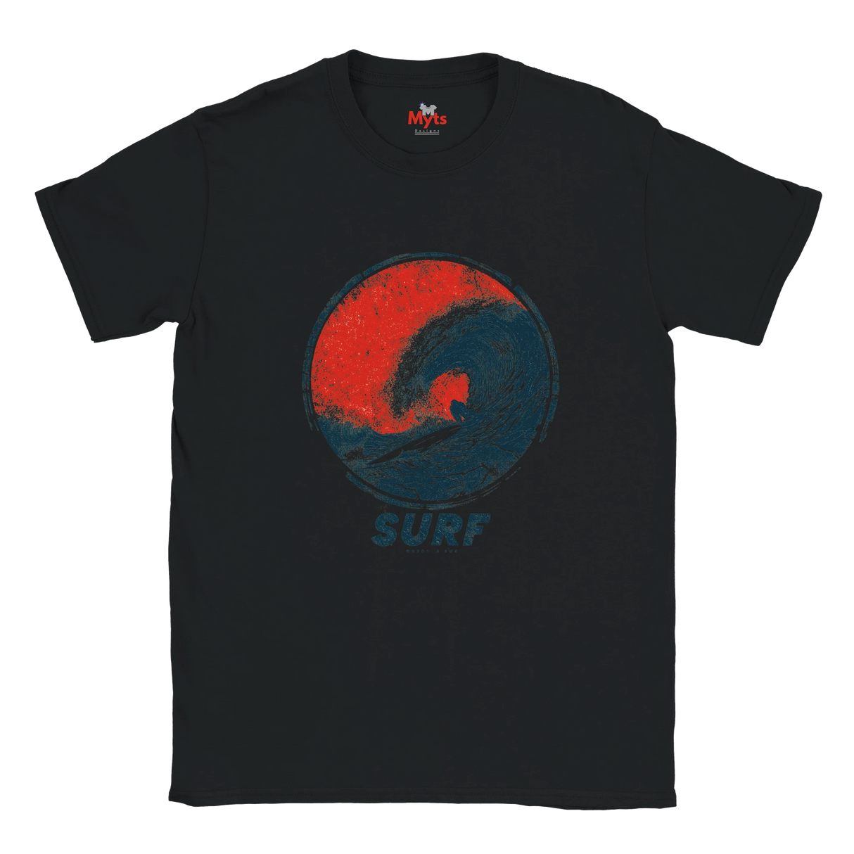 A black short-sleeve crewneck t-shirt featuring a distressed red and blue circular wave graphic on the chest with the word 'SURF' printed below in blue, displayed against a solid white background.