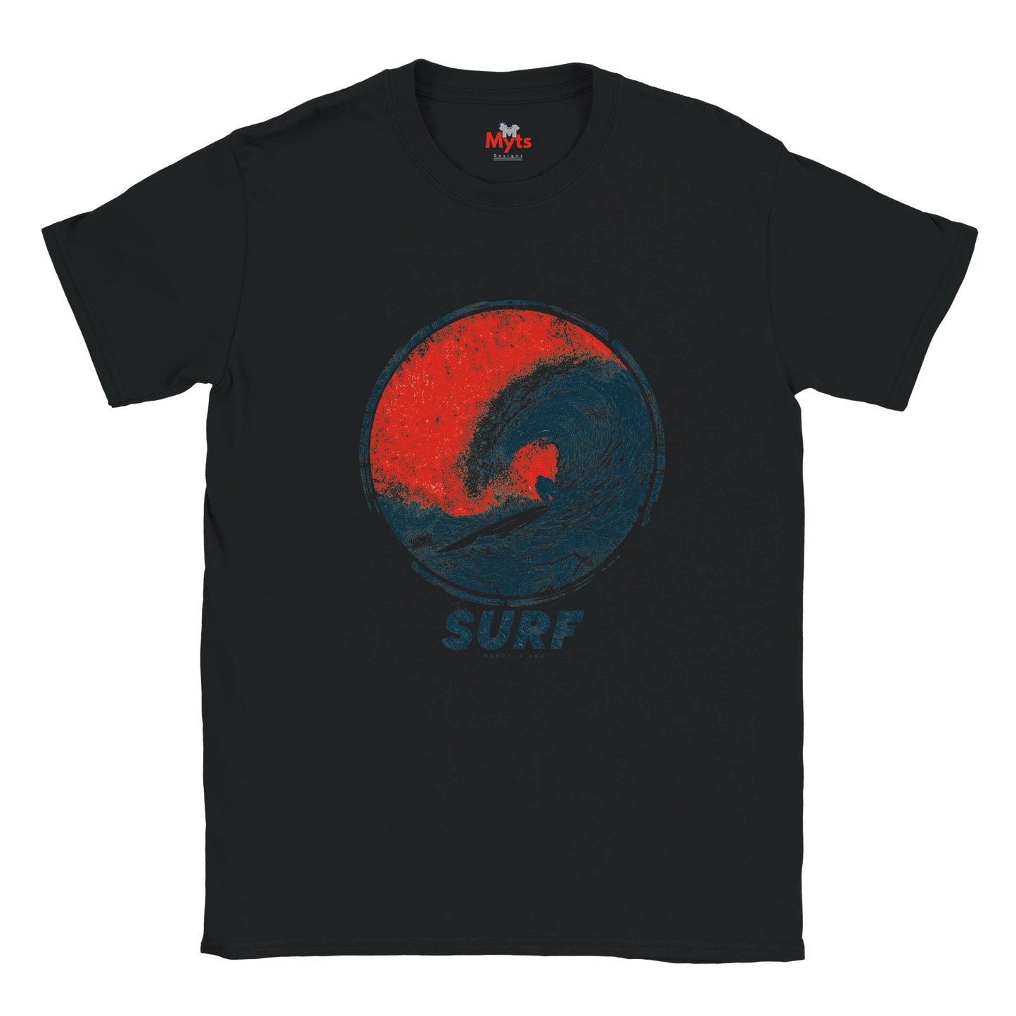 A black short-sleeve crewneck t-shirt featuring a distressed red and blue circular wave graphic on the chest with the word 'SURF' printed below in blue, displayed against a solid white background.