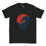 A black short-sleeve crewneck t-shirt featuring a distressed red and blue circular wave graphic on the chest with the word 'SURF' printed below in blue, displayed against a solid white background.