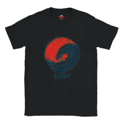 A black short-sleeve crewneck t-shirt featuring a distressed red and blue circular wave graphic on the chest with the word 'SURF' printed below in blue, displayed against a solid white background.