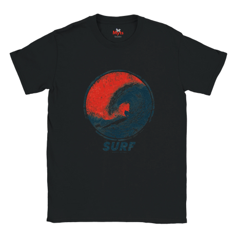 A black short-sleeve crewneck t-shirt featuring a distressed red and blue circular wave graphic on the chest with the word 'SURF' printed below in blue, displayed against a solid white background.