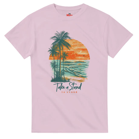 Pink t-shirt with a tropical graphic and 'Take a Stand' text on a white background