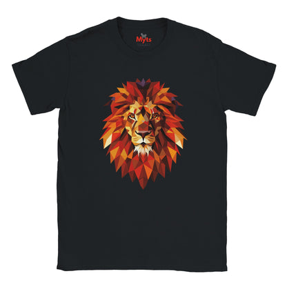 Black t-shirt with a colorful lion graphic on a white background