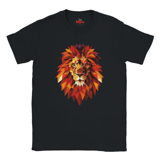 Black t-shirt with a colorful lion graphic on a white background