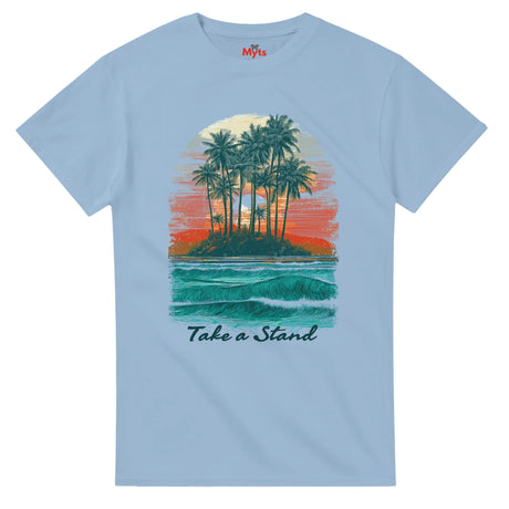 Light blue t-shirt with a tropical island graphic and 'Take a Stand' text on a white background