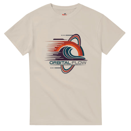 Sand t-shirt with 'Orbital Flow' graphic design on a white background