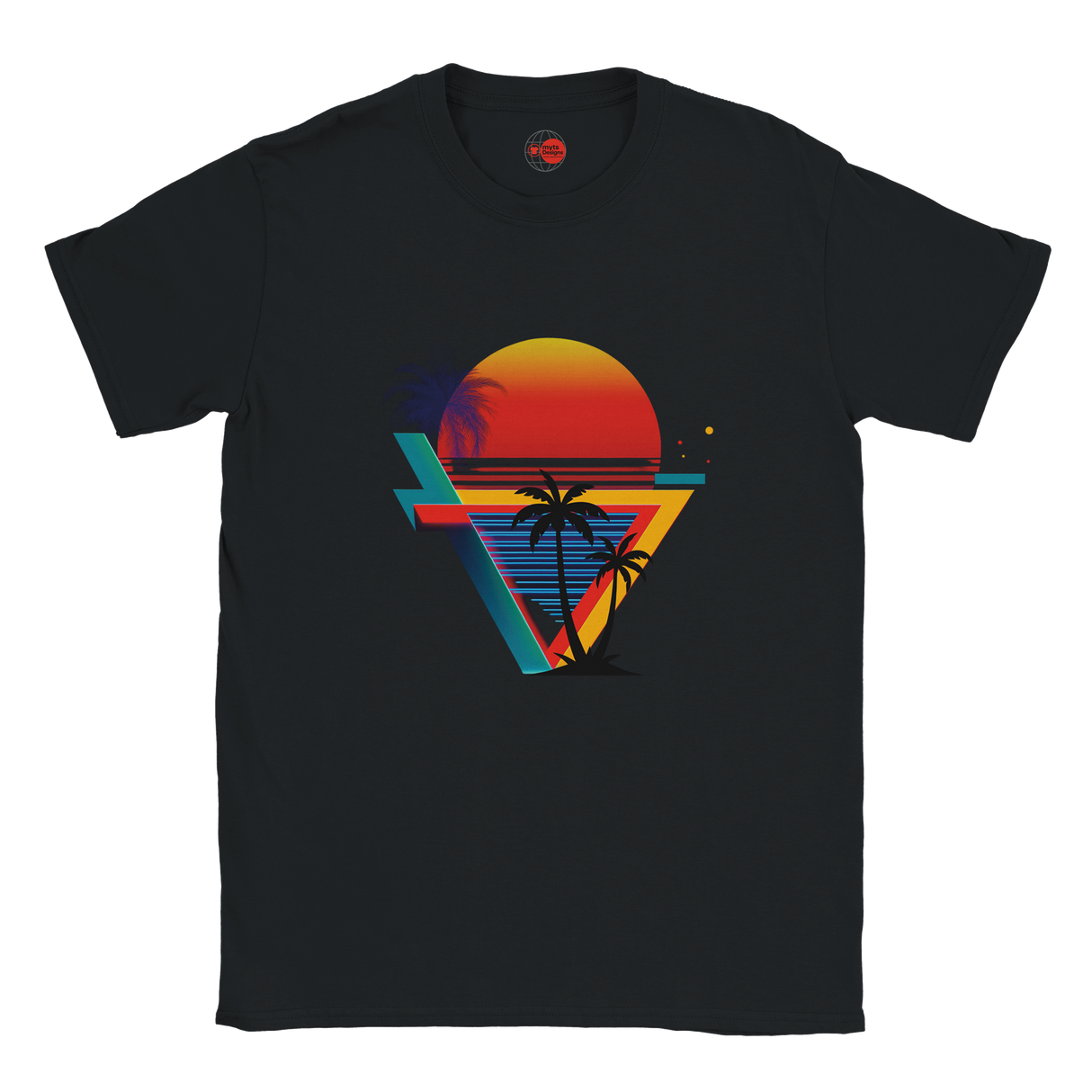Black t-shirt with a colorful geometric design featuring palm trees and a sunset on a white background.