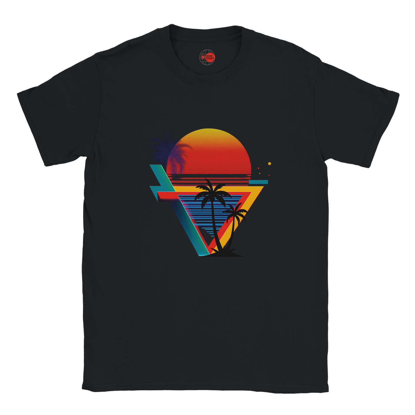 Black t-shirt with a colorful geometric design featuring palm trees and a sunset on a white background.