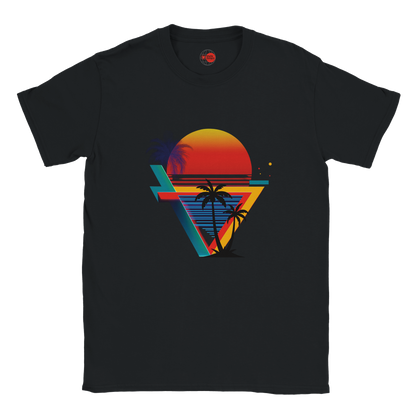 Black t-shirt with a colorful geometric design featuring palm trees and a sunset on a white background.