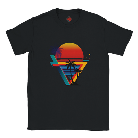 Black t-shirt with a colorful geometric design featuring palm trees and a sunset on a white background.