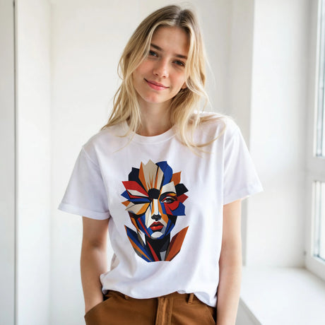 Abstract Geometric Face T-Shirt in White — bold geometric portrait art graphic tee by Mytsdesignsd