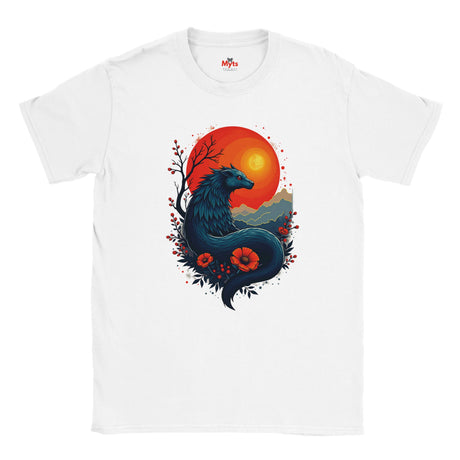 White t-shirt with a dragon design featuring a sunset and mountains on a white background