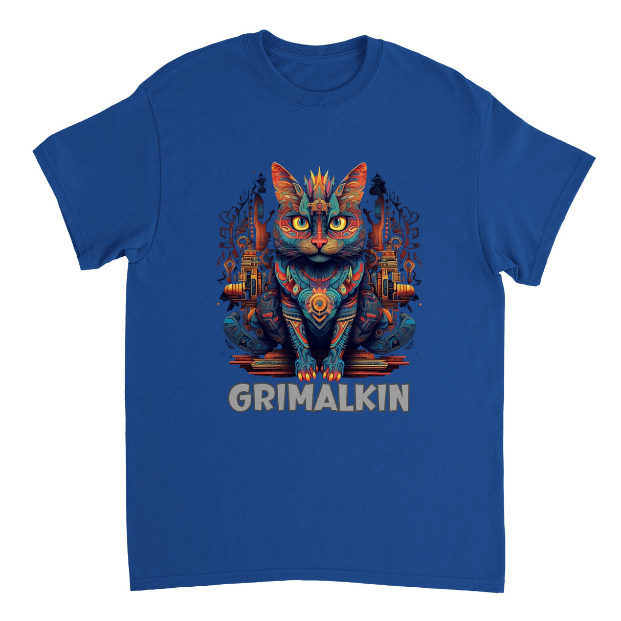 A blue t-shirt featuring a colorful illustration of a grimalkin cat with a fantasy-themed background.