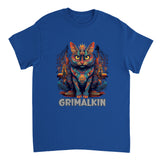 A blue t-shirt featuring a colorful illustration of a grimalkin cat with a fantasy-themed background.
