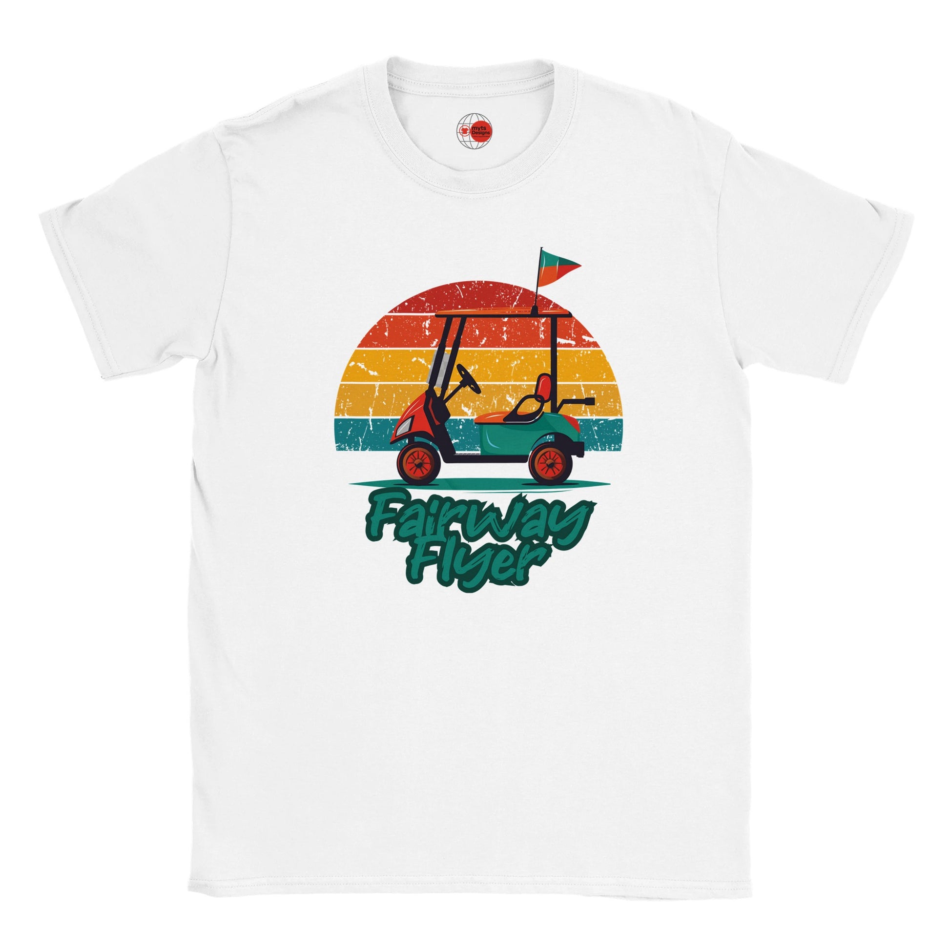 White t-shirt with a graphic of a golf cart and 'Fairway Flyer' text on a white background
