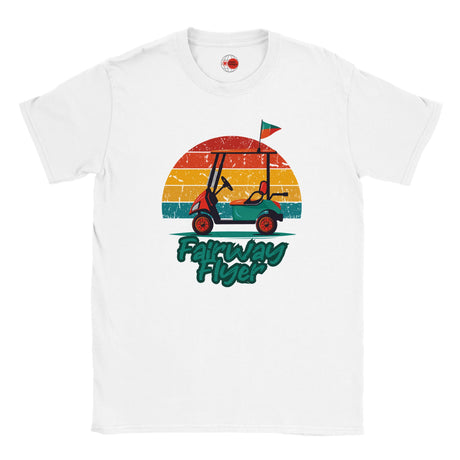 White t-shirt with a graphic of a golf cart and 'Fairway Flyer' text on a white background