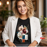 A smiling woman with blonde hair wears a white blazer over a black graphic t-shirt featuring a floral and geometric print. The background is a softly blurred indoor setting with warm lighting and plants.