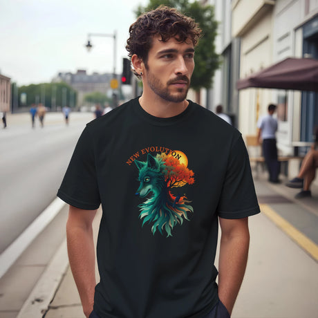 A man wearing a black graphic t-shirt with a colorful wolf and tree design on the chest, standing on a city street.