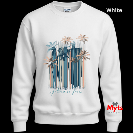 White sweatshirt with palm tree design and 'Paradise Found' text on a black background