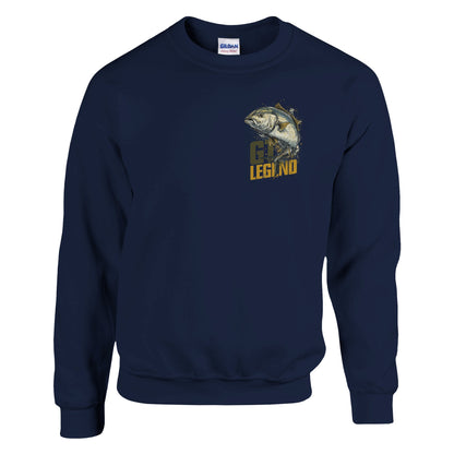 Navy blue sweatshirt with a fish graphic and text on a white background