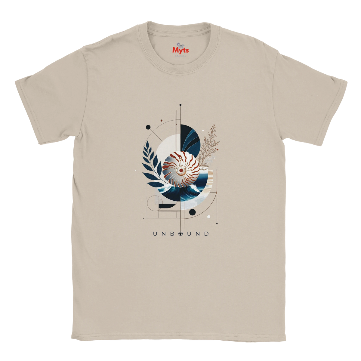 "Natural Coastal Nautilus graphic T-shirt, flat front view”