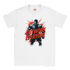 White t-shirt with a graphic of a muscular figure and 'Outwork Everyone' text on a white background