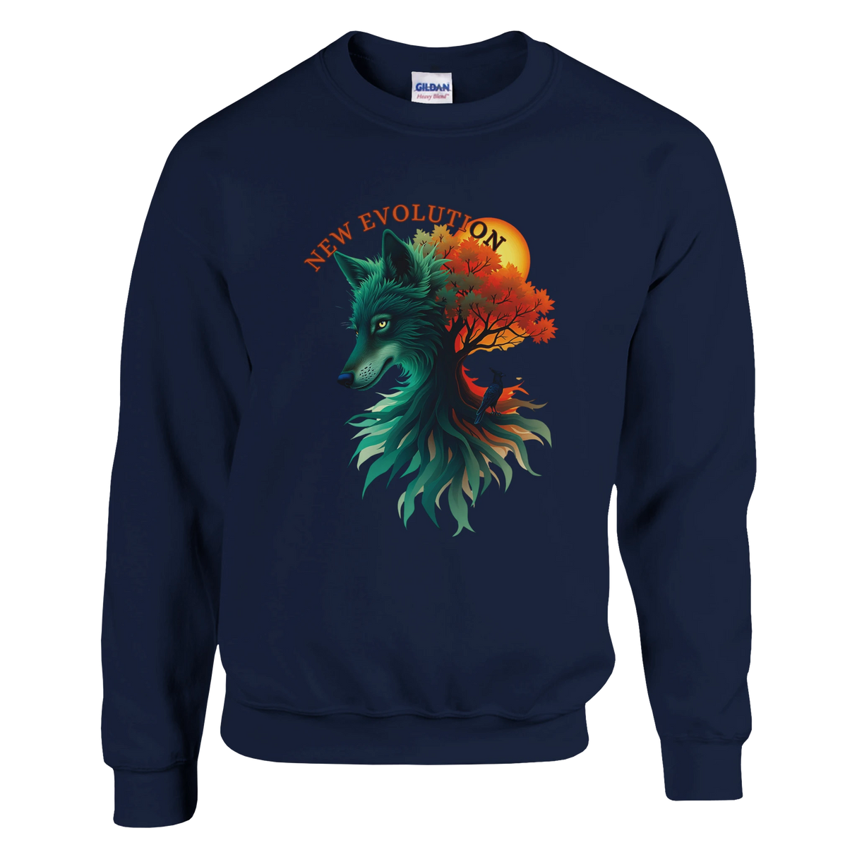 A navy blue crewneck sweatshirt featuring a graphic print of a wolf head merging with a tree and autumn leaves, with the text 'NEW EVOLUTION' arched above. A Gildan brand tag is visible inside the collar.