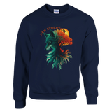 A navy blue crewneck sweatshirt featuring a graphic print of a wolf head merging with a tree and autumn leaves, with the text 'NEW EVOLUTION' arched above. A Gildan brand tag is visible inside the collar.