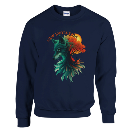 A navy blue crewneck sweatshirt featuring a graphic print of a wolf head merging with a tree and autumn leaves, with the text 'NEW EVOLUTION' arched above. A Gildan brand tag is visible inside the collar.
